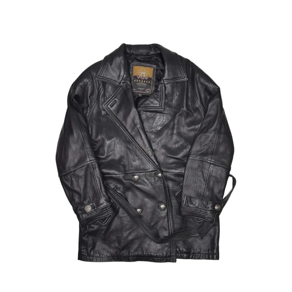 Express Leather Jacket Womens Small Soft Black Double Breasted Trench Coat Belt
